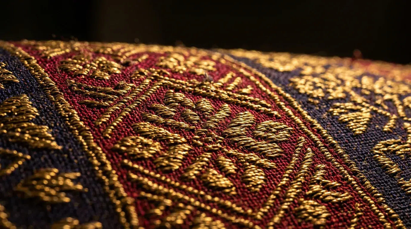 Detail motif benang emas pada kain cual